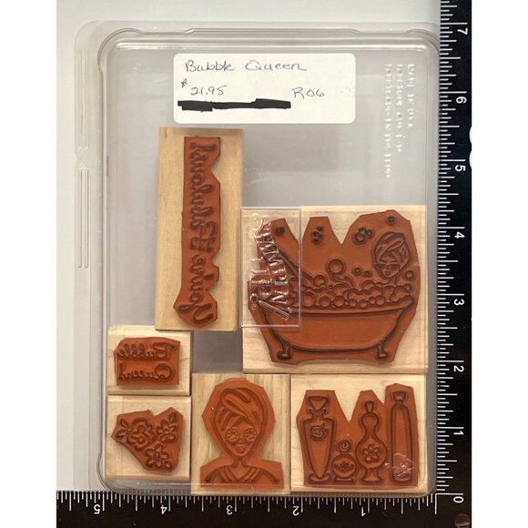 RARE Stampin Up! Bubble Queen Wood-Mounted Rubber Stamp Set bathtub spa - Picture 3 of 5